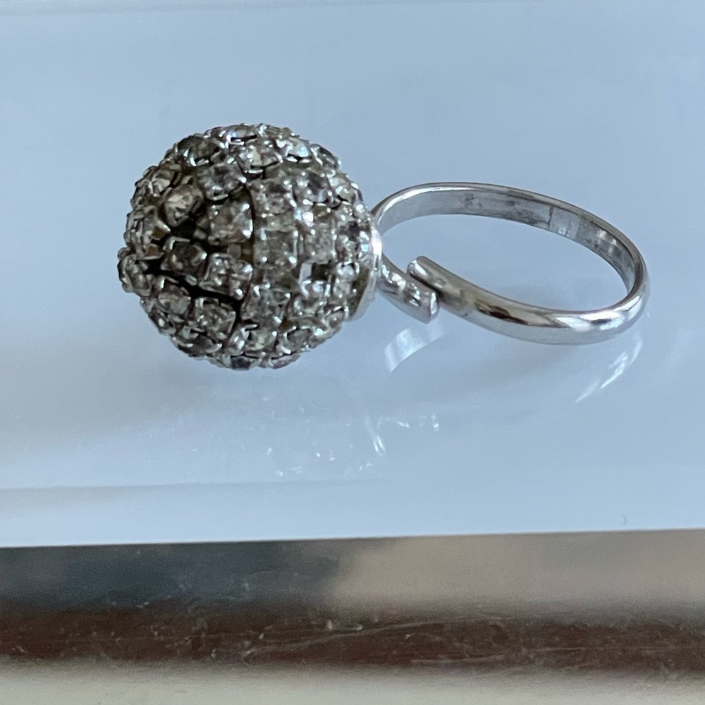 Silver Toned Crystal Ball Adjustable Ring
